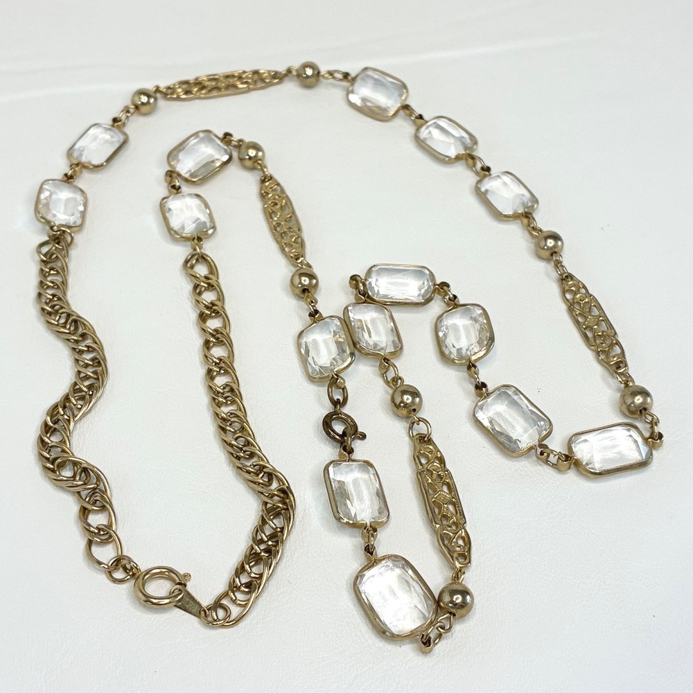 Vintage Station Necklace Gold Tone Glass Emerald Cut Filigree Convertible 32"